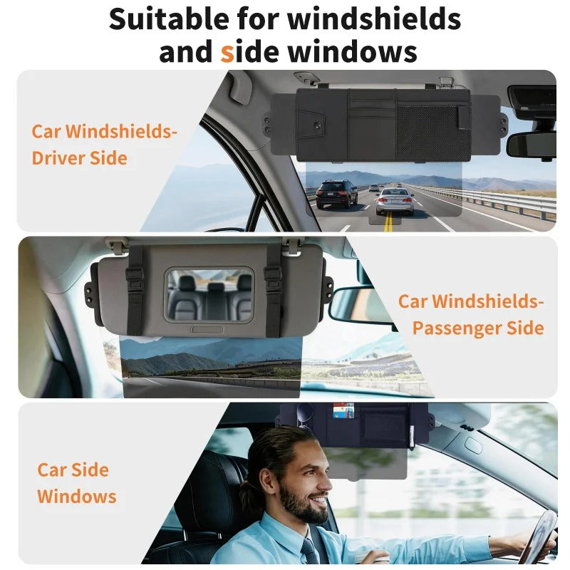 Car Sun Visor Extension – UV Sun Blocker with Storage Organizer & Sunglasses Holder - Delicate Leather