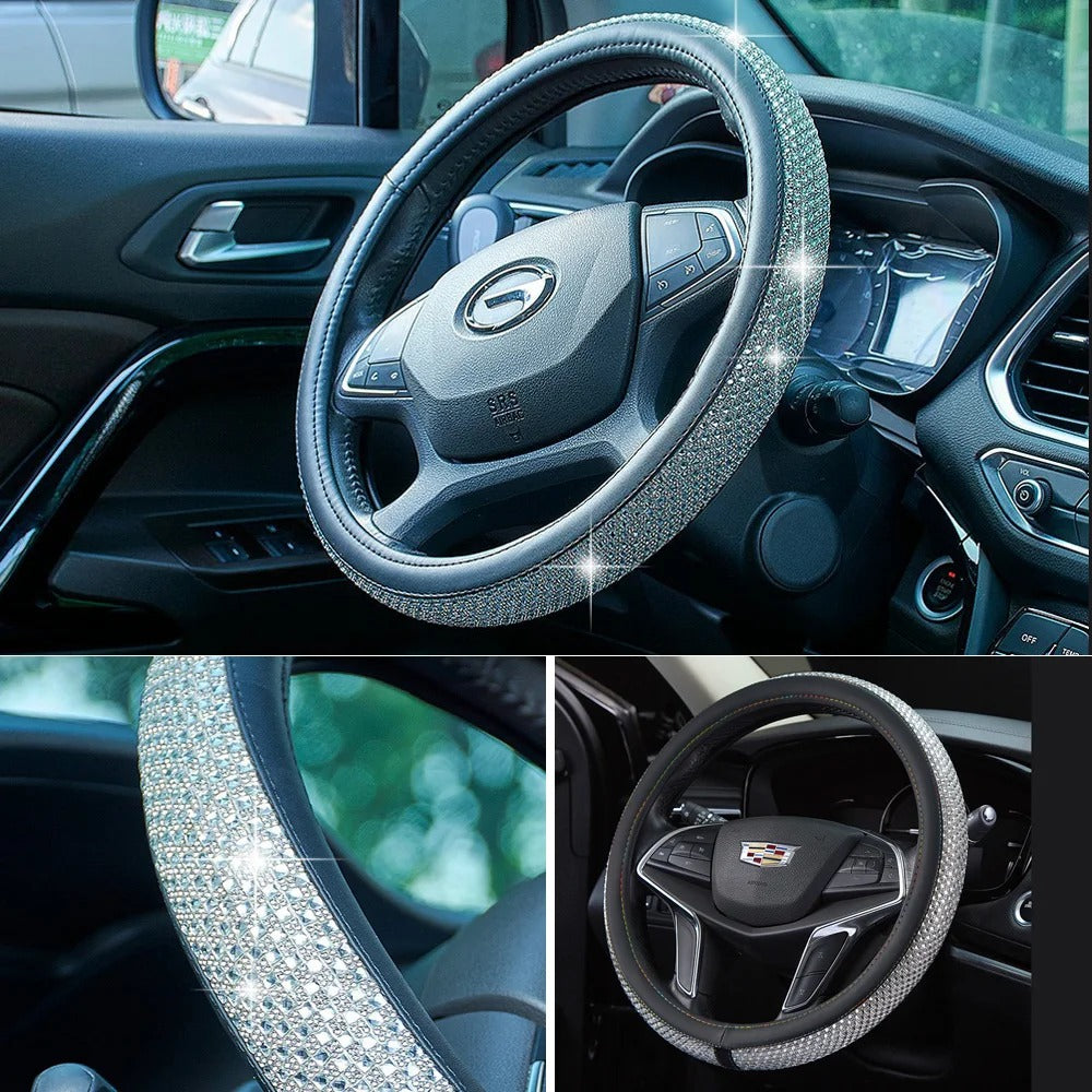 Luxury 3D Square Diamond Steering Wheel Cover – Ultra Bling Crystal PU Leather Fit for 37.5–38cm - Delicate Leather