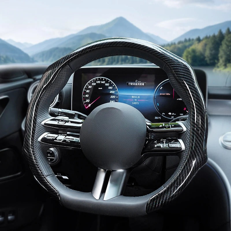 5D Laser Carbon Fiber Pattern Steering Wheel Cover – Universal 38cm Fit, Anti-Slip Synthetic Material - Delicate Leather