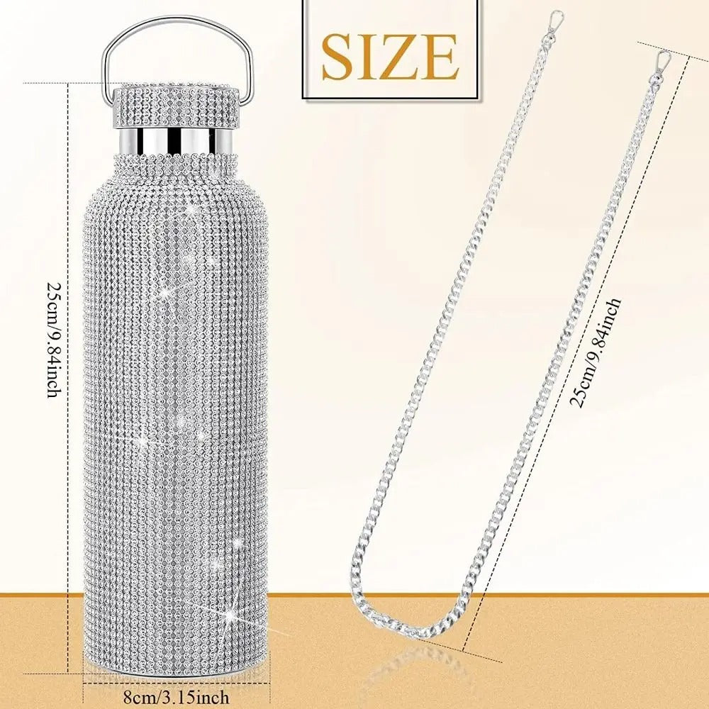 Bling Rhinestone Stainless Steel Water Bottle – Glitter Tumbler with Chain Strap & Thermal Insulation - Delicate Leather
