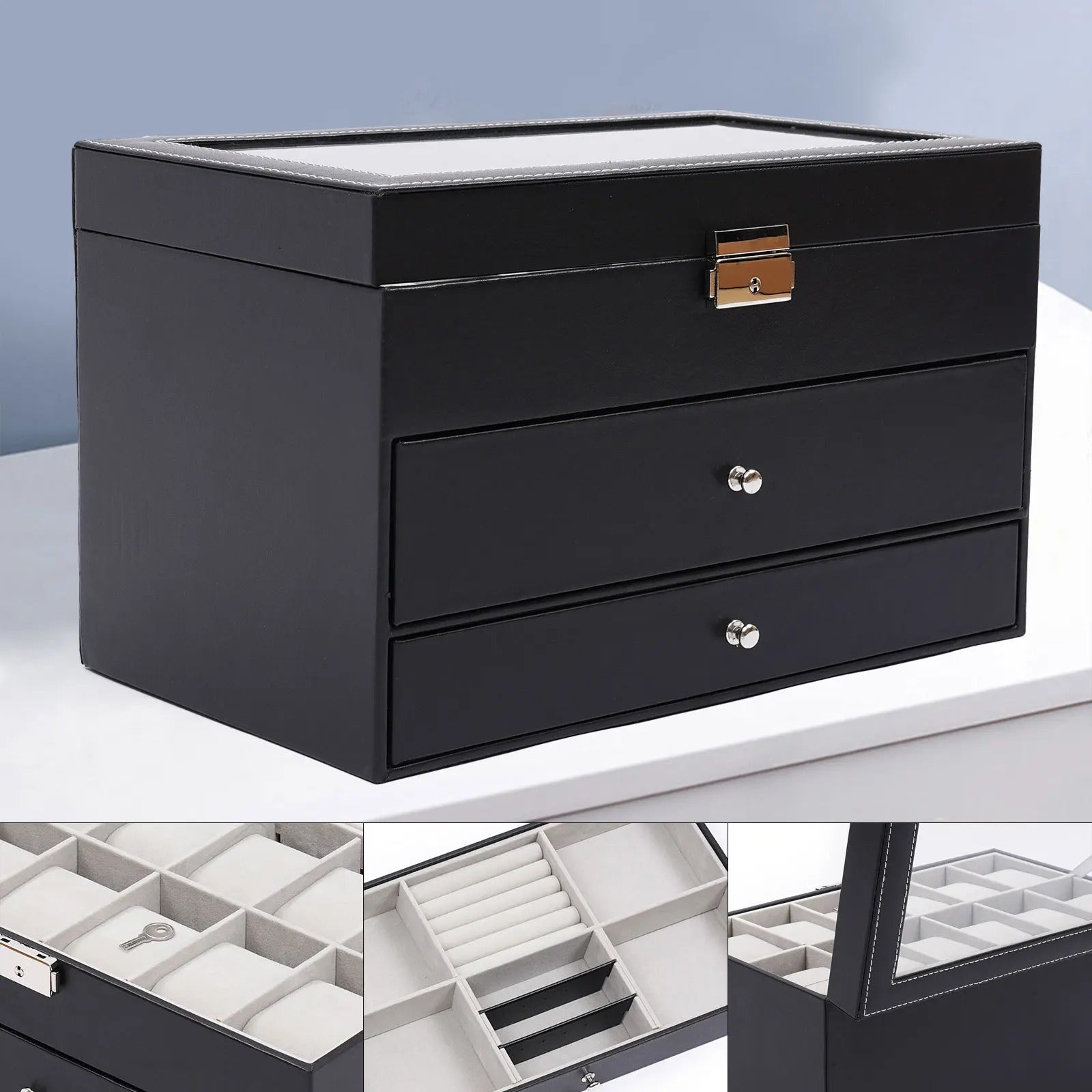 3 Layer Black Leather Watch and Eyeglasses & Sunglasses Box - Delicate Leather