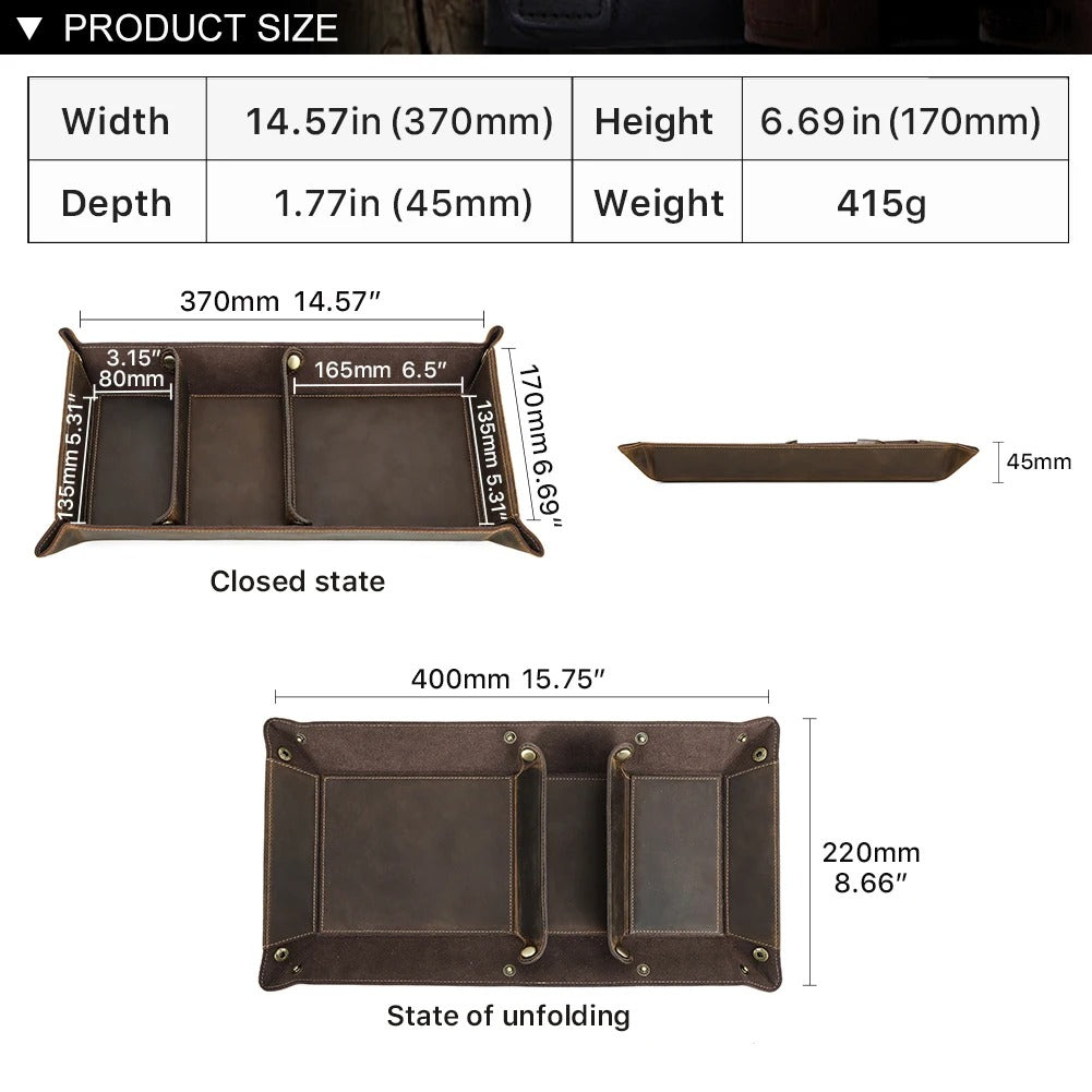 Genuine Leather Desktop Tray Organizer, 3 Compartments, Durable for Key Jewelry Cosmetic Storage Box, Folding Home Decoration