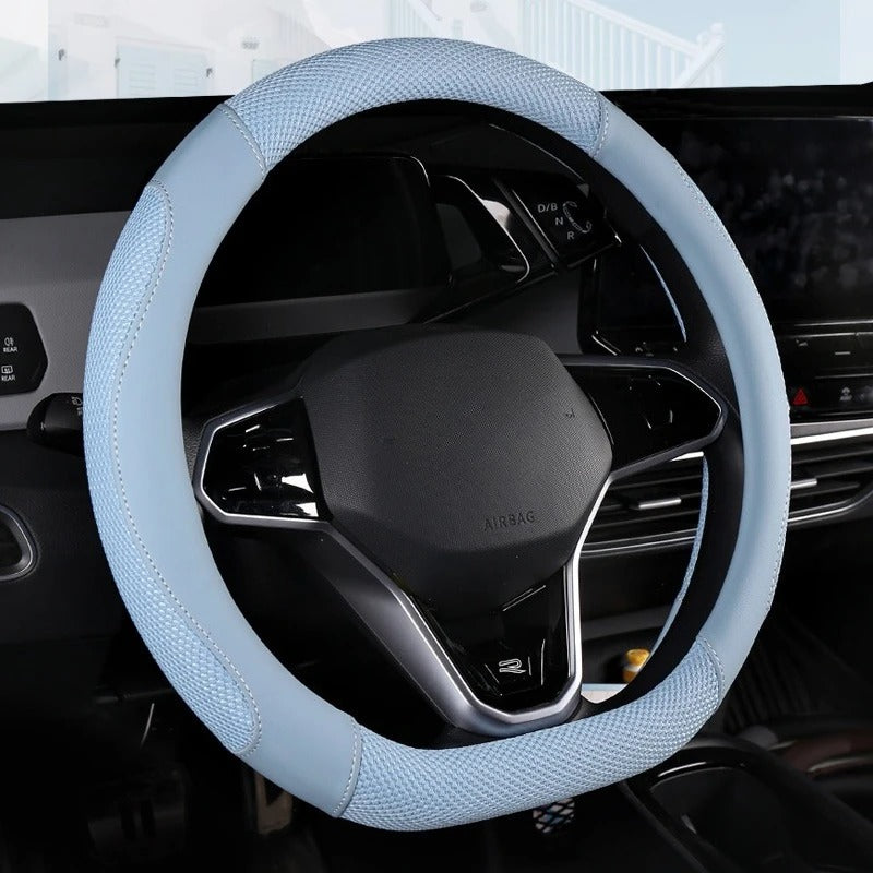 D-Shape Ice Silk & Leather Steering Wheel Cover – Universal 14.5–15 Inch Anti-Slip Grip - Delicate Leather