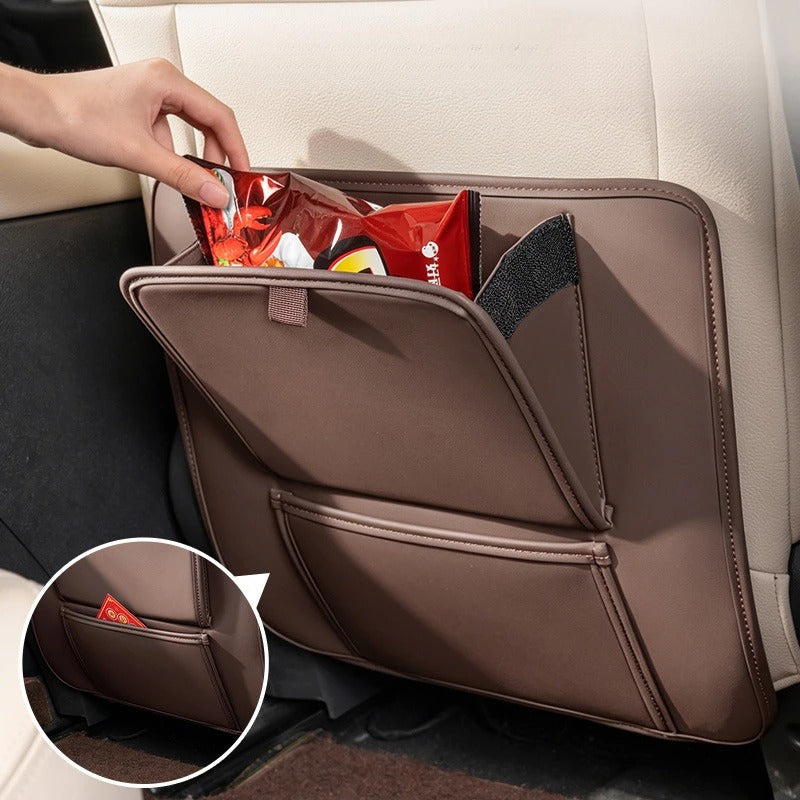 PU Leather Car Seat Back Protector – Anti-Kick Mat with Dual Storage Pockets