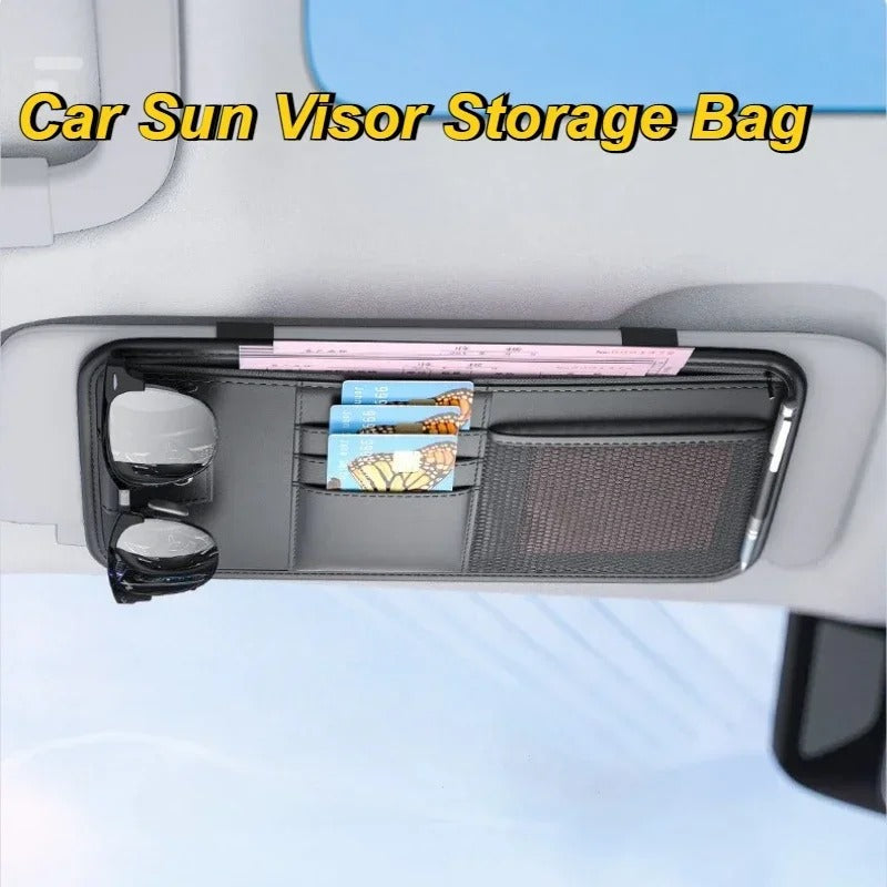 PU Leather Car Sun Visor Organizer – Multi-Pocket Storage Bag for Cards & Sunglasses - Delicate Leather