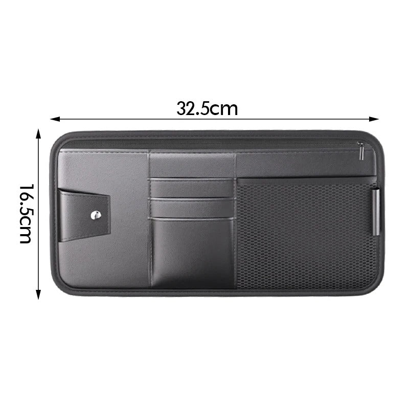 PU Leather Car Sun Visor Organizer – Multi-Pocket Storage Bag with Card Holder and Glasses Clip, 16×32 cm - Delicate Leather