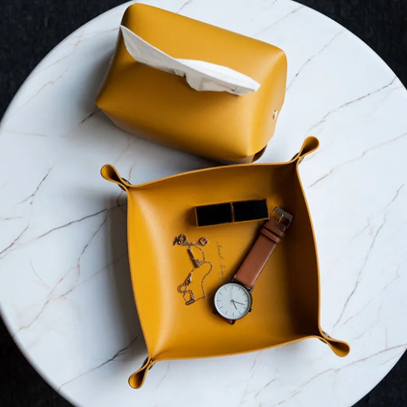 Desktop Storage Tray Leather Key Plate Home Decoration Dice Tray Key Wallet Coins PU Leather Folding Storage Box - Delicate Leather