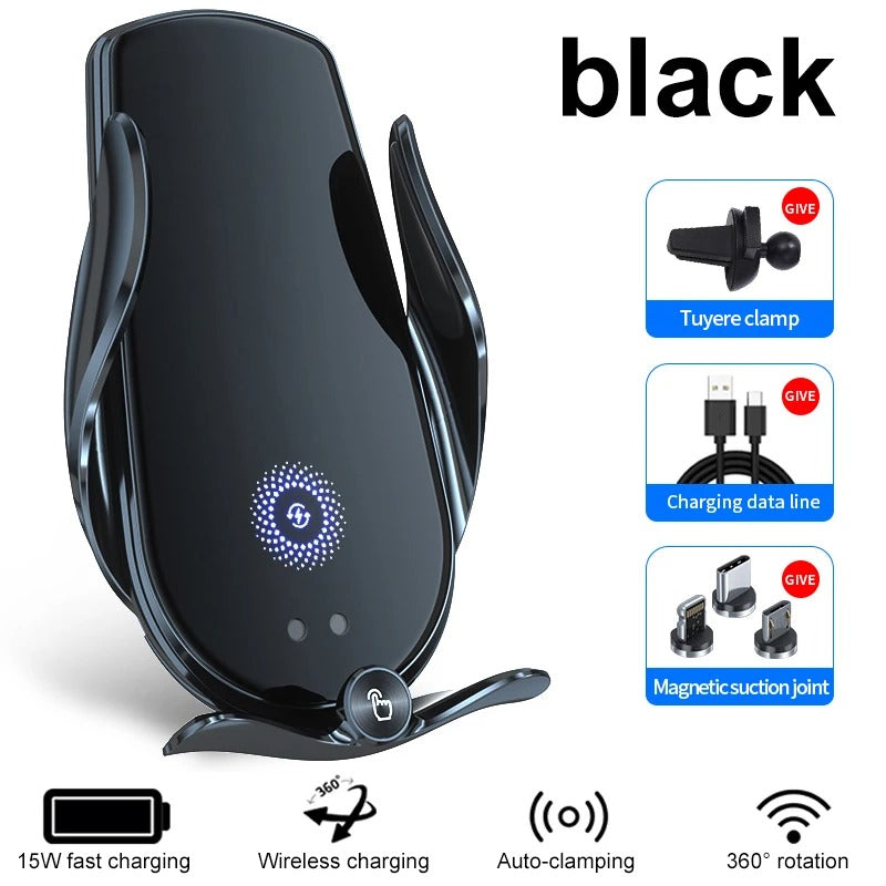 Universal Car Cell Phone Holder Bracket 15W Wireless Charging Handsfree Phone Holder for Dashboard, Windshield, Vent - Delicate Leather