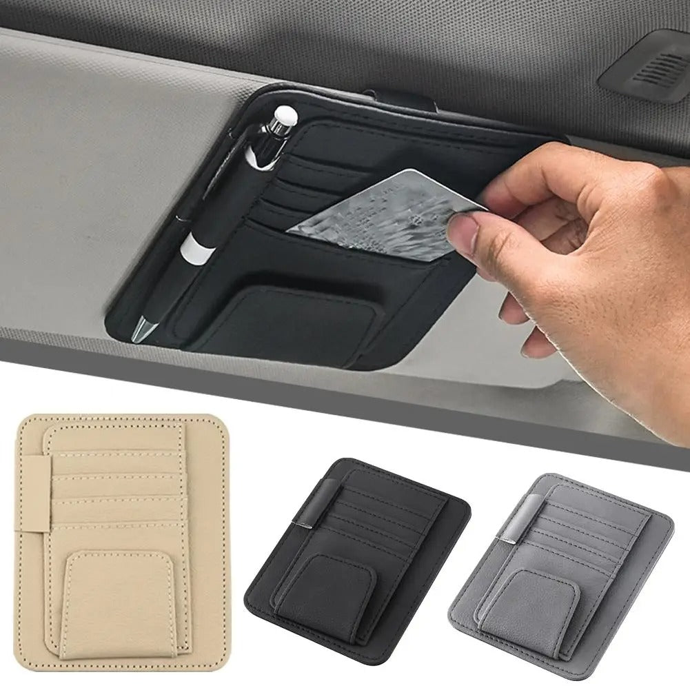 Car Sun Visor Organizer - Multi-Pocket Business Card Storage Management - Sunglasses Holder Visor Accessories for Auto Interior - Delicate Leather