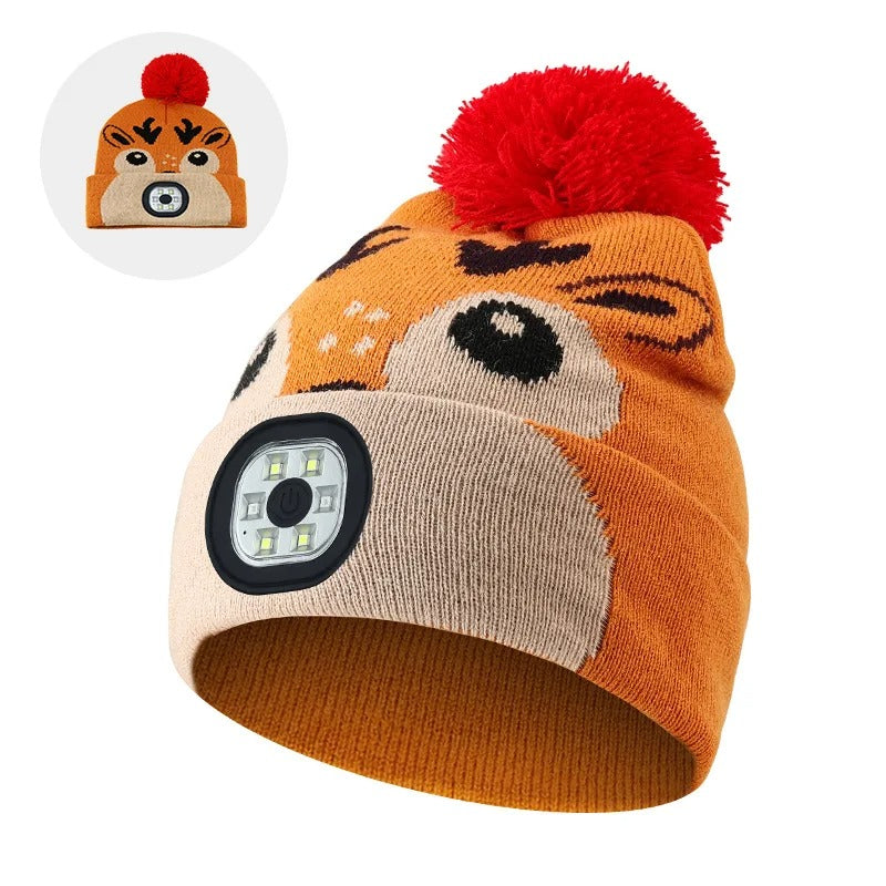 LED Flashlight Beanie Hats for Kids - Rechargeable Washable LED Head Lamp Hat - Winter Warm Caps with Hands-Free Lights for Outdoor Use - Delicate Leather