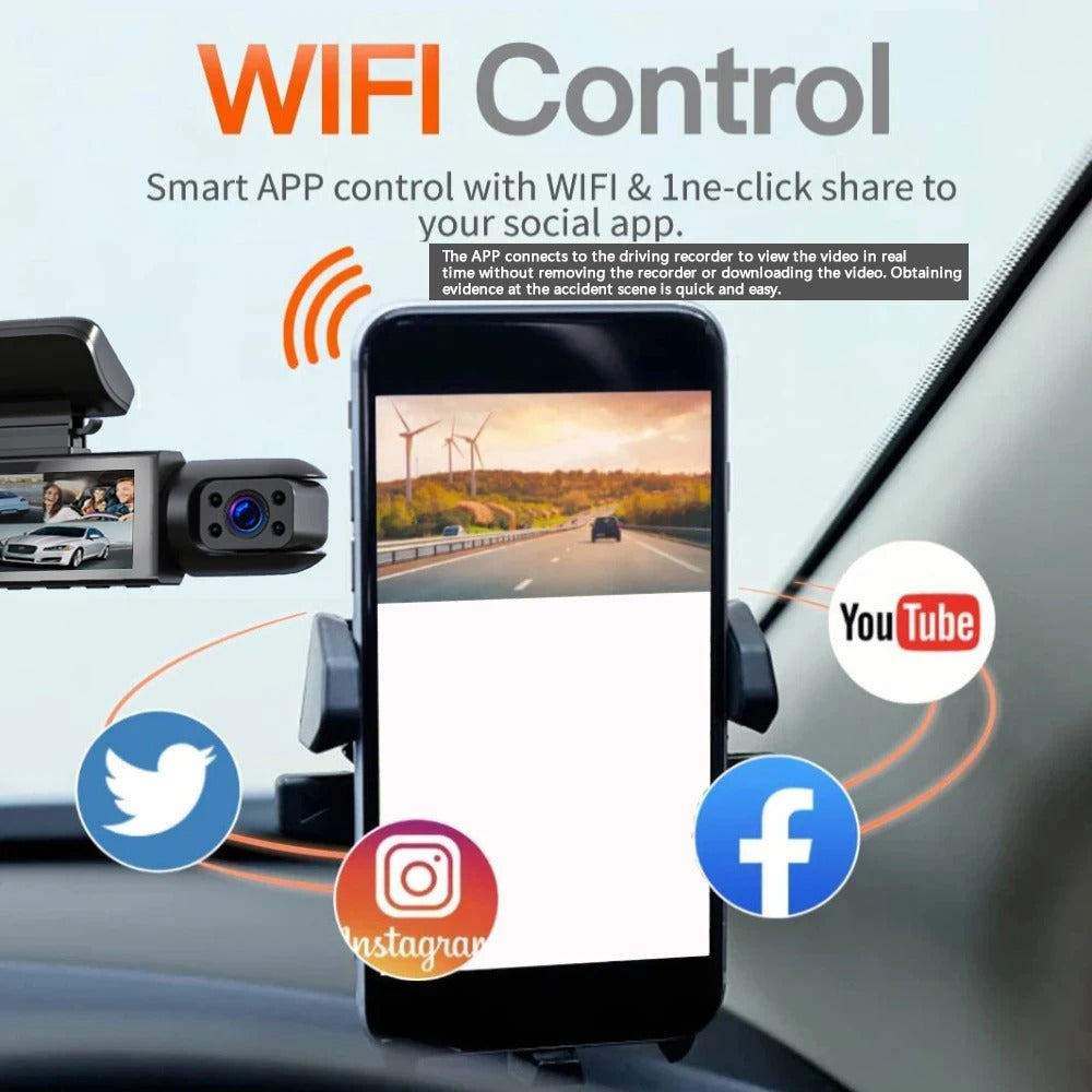 1080P WiFi Dual Camera Dash Cam, Front and Inside, with IR Night Vision and Loop Recording (Black)