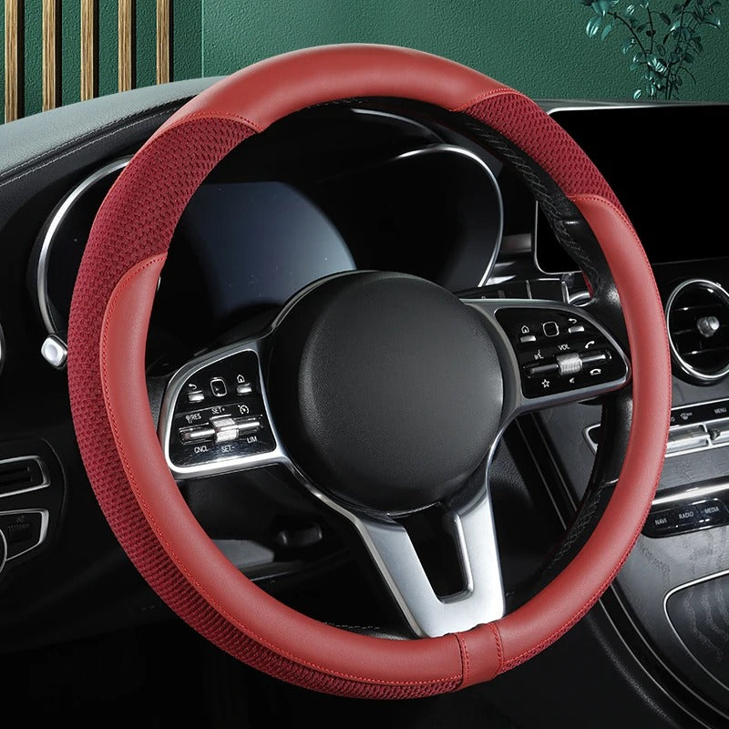 Premium Leather & Ice Silk Steering Wheel Cover – Breathable Mesh, Stitched Design, Universal 14.5–15 Inch, All Seasons - Delicate Leather