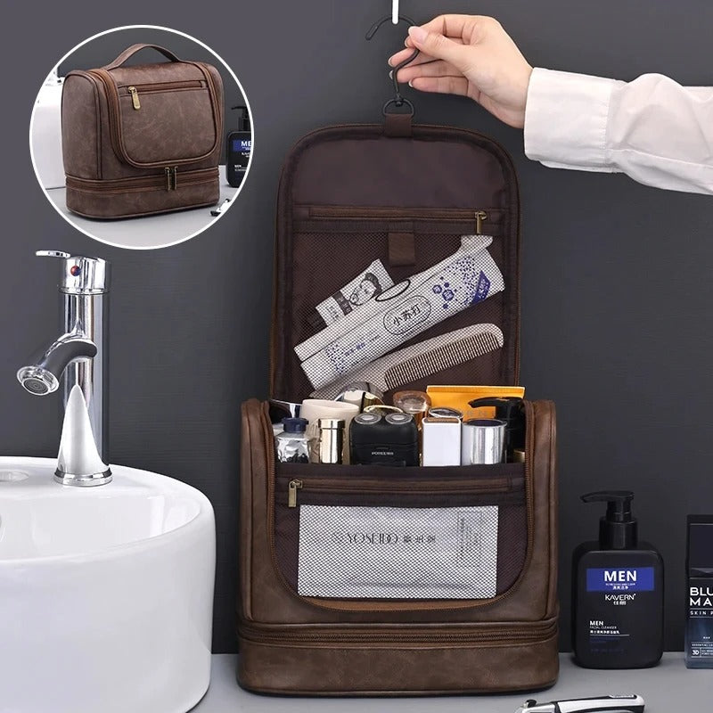 Men's PU Leather Toiletry Bag – Large Capacity Waterproof Travel Toiletry & Makeup Storage Bag with Handle - Delicate Leather