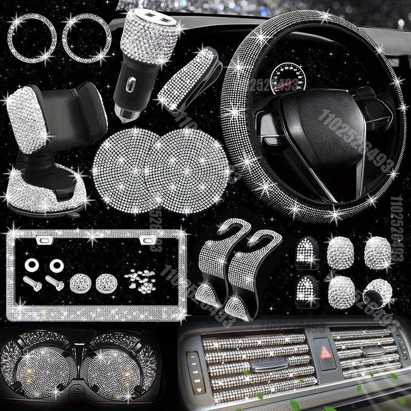 27-Piece Women’s Bling Car Accessories Set – Universal Fit with Steering Wheel Cover, License Plate Frame, Gift For Mother's Day 2025