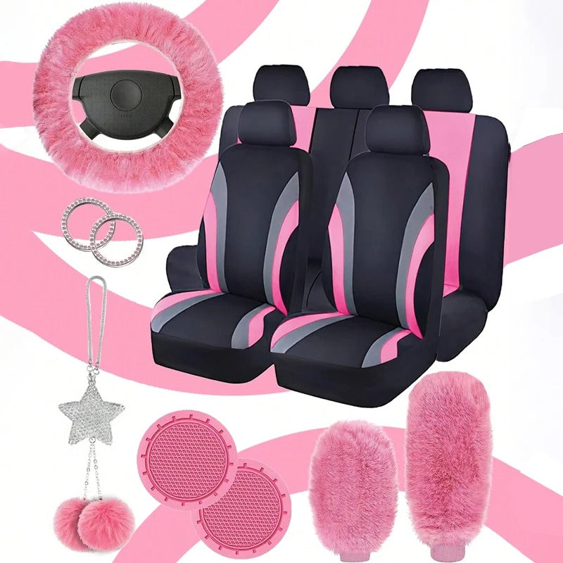 17-Piece Striped Design Car Seat Cover Set – Universal Fit with Fluffy Steering Wheel Cover, Gift For Mother's Day 2025 - Delicate Leather