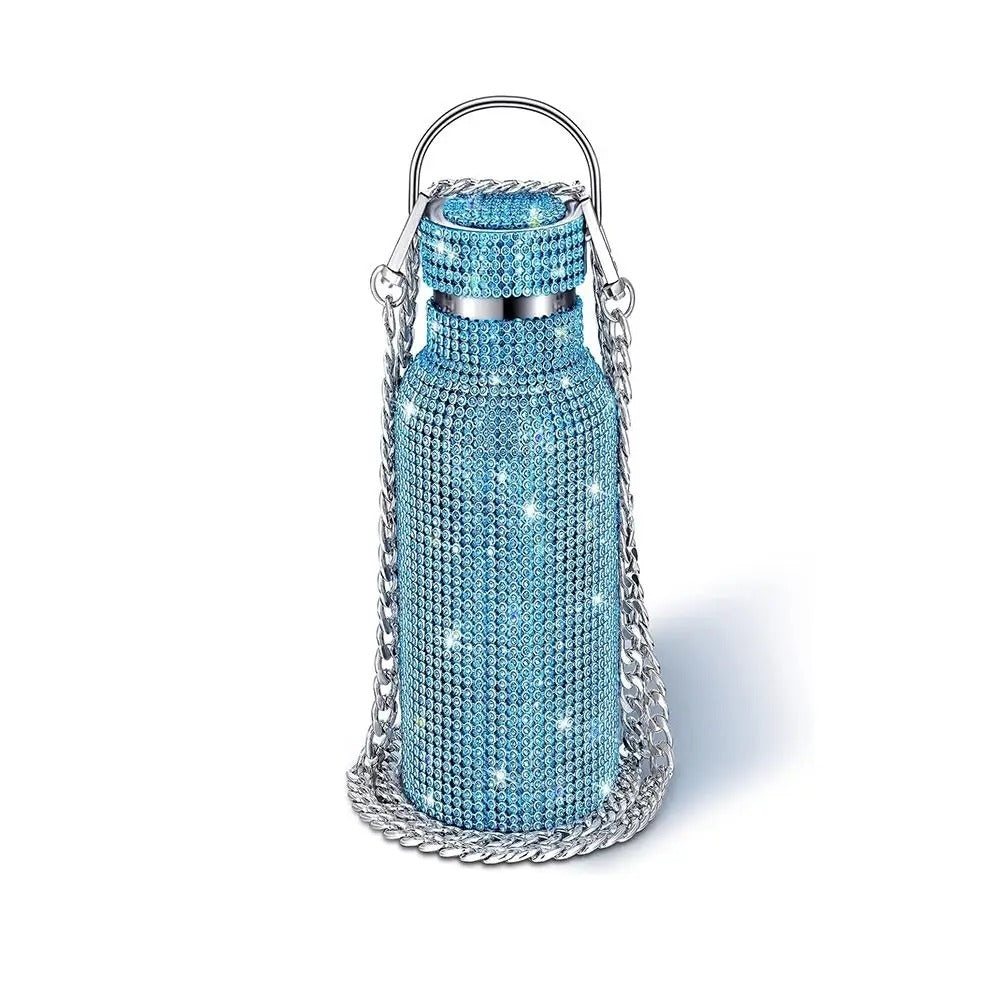 Bling Rhinestone Stainless Steel Water Bottle – Glitter Tumbler with Chain Strap & Thermal Insulation - Delicate Leather