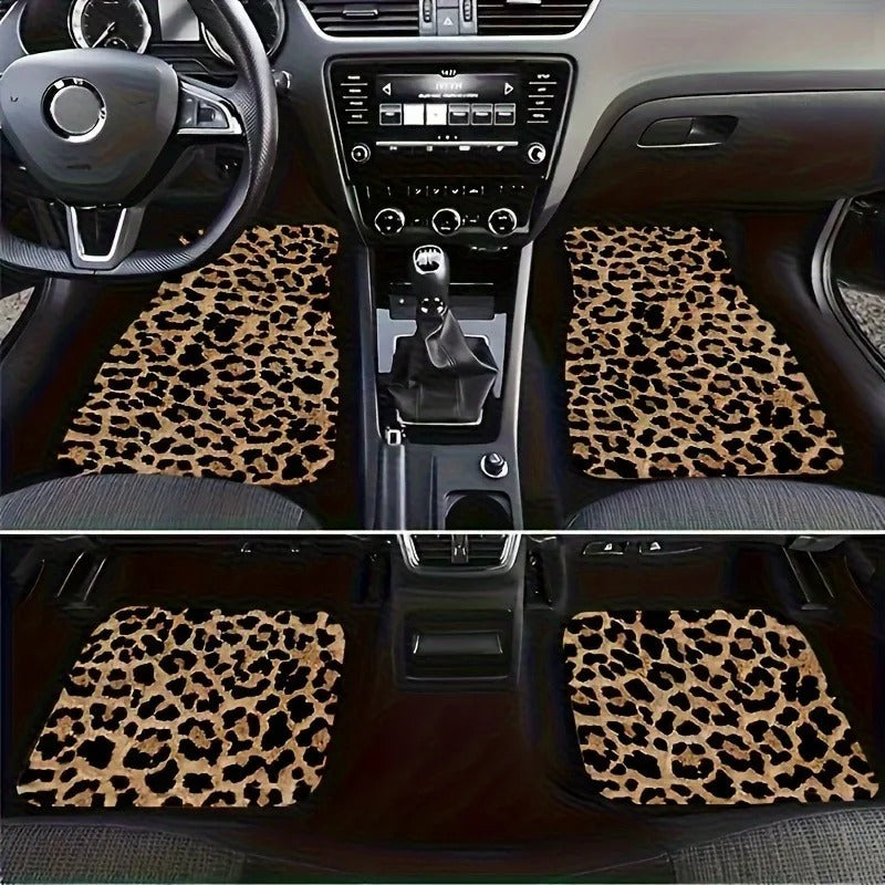Universal Leopard Print Car Floor Mats 4-Piece Set – Non-Slip, Absorbent, Washable Polyester Fiber Mats for Cars & SUVs - Delicate Leather