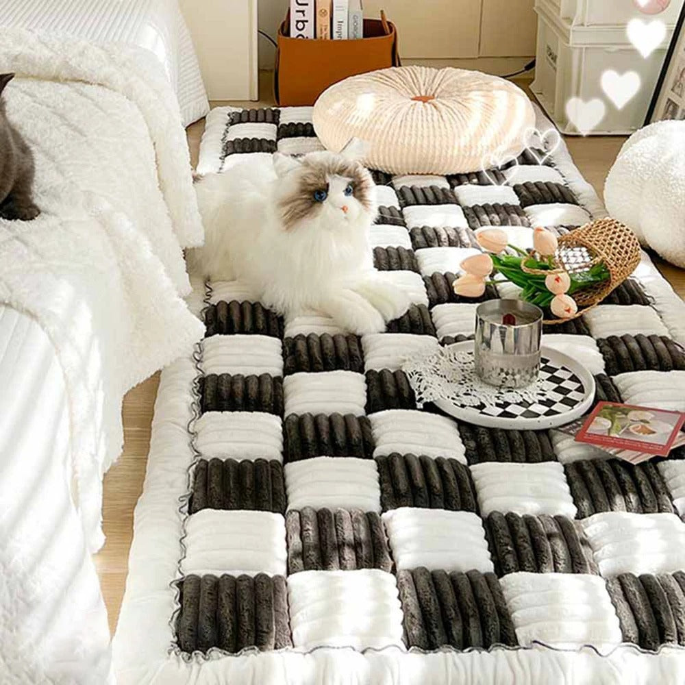 Washable Dog Bed Mat & Cat Scratchable Blanket - Anti-Slip Sofa Couch Protector for Large Dogs - Coral Fleece, Plaid
