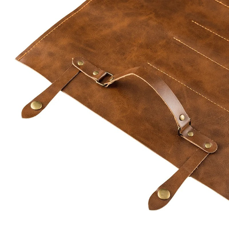 Portable Two-Layer Cowhide Chef Knife Roll Bag - Waterproof Leather Knife Storage Case with Handle - Delicate Leather