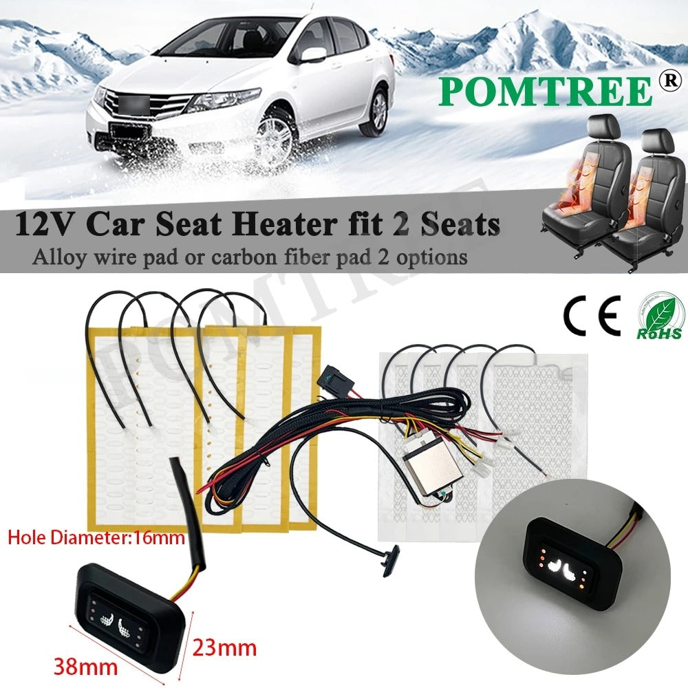 Universal 2-Seat Car Heater Kit – Alloy Wire & Carbon Fiber Heating Pads with 3-Level Control Switch - Delicate Leather