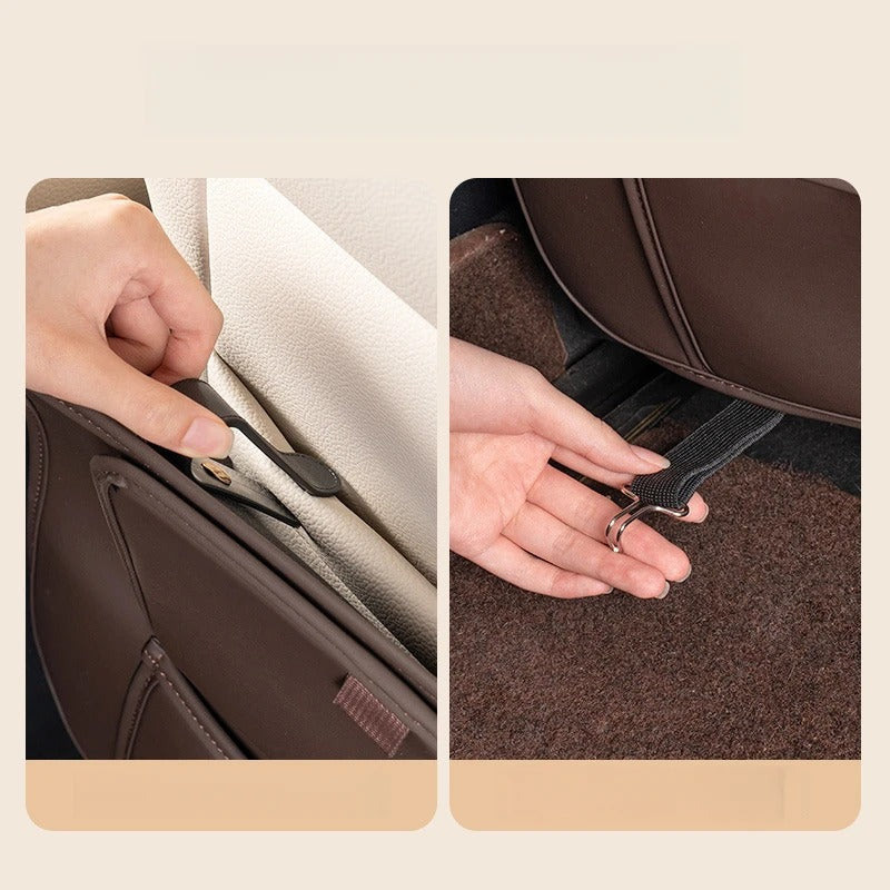 PU Leather Car Seat Back Protector – Anti-Kick Mat with Dual Storage Pockets