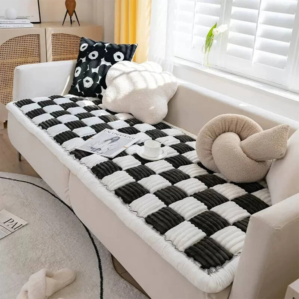 Washable Dog Bed Mat & Cat Scratchable Blanket - Anti-Slip Sofa Couch Protector for Large Dogs - Coral Fleece, Plaid - Delicate Leather