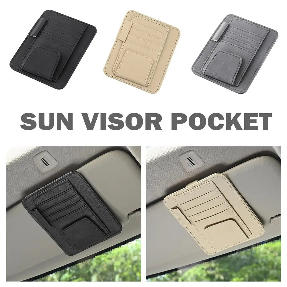 Car Sun Visor Organizer - Multi-Pocket Business Card Storage Management - Sunglasses Holder Visor Accessories for Auto Interior - Delicate Leather