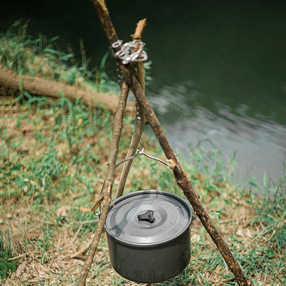 Cooking Pot Pan Tripod Mount - Stainless Steel Camping Tripod Hanging Pot Bracket with Leather Storage Bag for Hiking Bushcraft - Delicate Leather