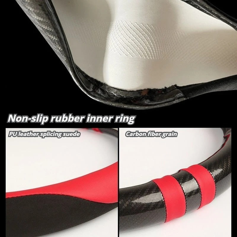 Color-Block Steering Wheel Cover – PU Leather & Suede with Carbon Fiber Style, Universal 14.5–15 Inch Fit