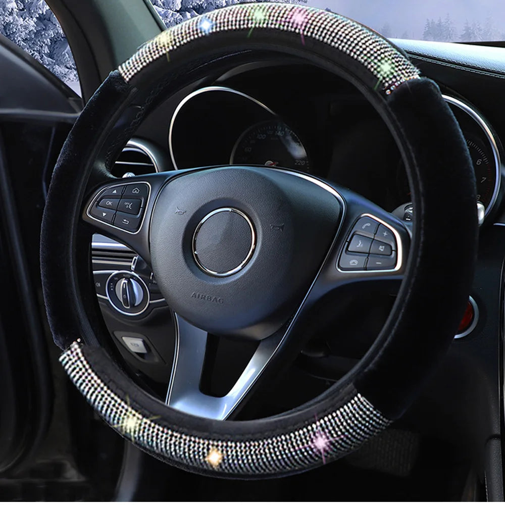New PU Leather Car Steering Wheel Cover | Diamond Black Design for Dodge, Ladies & Girls - Stylish Auto Accessory