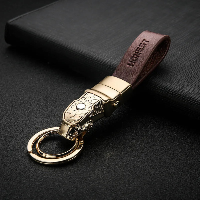 Leather Keychain with LED Light – Leopard Head Pendant Car Key Ring with Removable Belt Clip - Delicate Leather