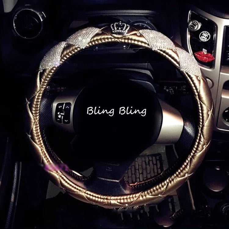 Luxury Crystal Crown Leather Steering Wheel Cover | Bling Rhinestone Car Accessory for Girls - Universal Fit, Gift For Mother's Day 2025 - Delicate Leather