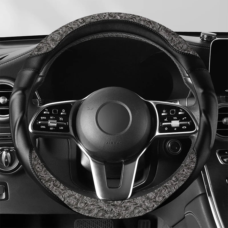 Wood Grain Leather Steering Wheel Cover – Anti-Slip, Universal Fit 14.5–15 Inch, Comfortable All-Season Grip - Delicate Leather