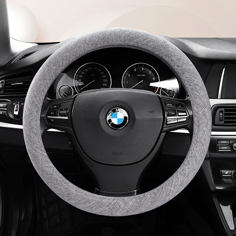 Linen Fabric Steering Wheel Cover – Soft Breathable Anti-Slip Grip, Universal Fit for 14.5–15 Inch Wheels - Delicate Leather