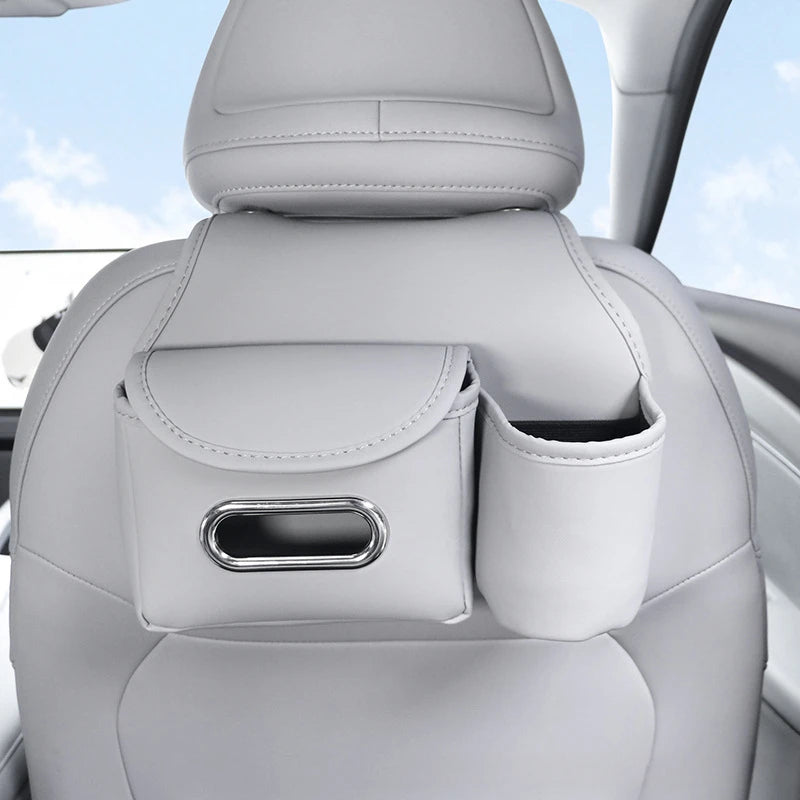 Leather Car Headrest Storage Bag – Backseat Hanging Organizer with Tissue & Cup Holder - Delicate Leather