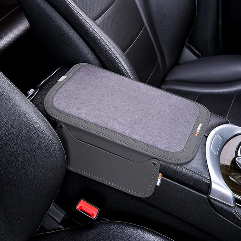 Leather Suede Car Armrest Cushion Cover – Soft Center Console Armrest Pad with Storage Pocket - Delicate Leather