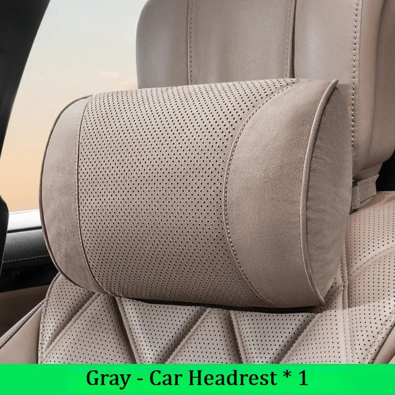 Suede Car Neck Pillow & Lumbar Cushion Set – Universal Fit Soft Headrest and Waist Support for Comfortable Driving - Delicate Leather