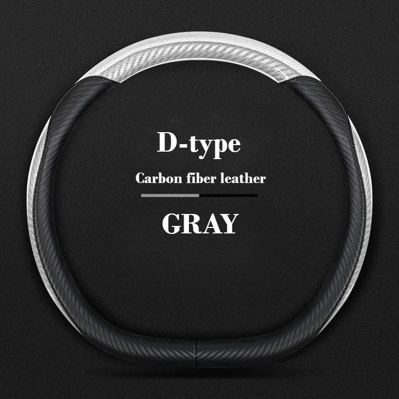 Universal Leather Steering Wheel Cover with Carbon Fiber Style – Non-Slip O/D Type, 14.5–15 Inch - Delicate Leather