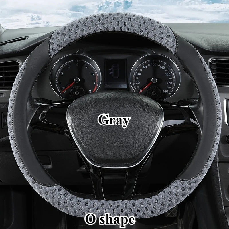 PU Leather Steering Wheel Cover – 3D Cooling Fabric, Non-Slip, O/D Shape, All-Season Comfort - Delicate Leather