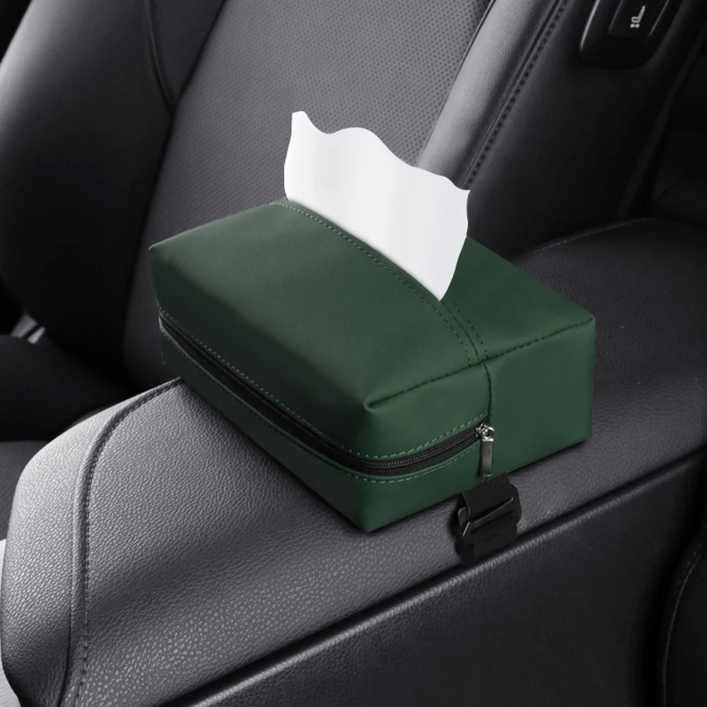 Car Tissue Holder – PU Leather Sun Visor Tissue Box for Center Armrest and Seat Back, Universal Fit - Delicate Leather