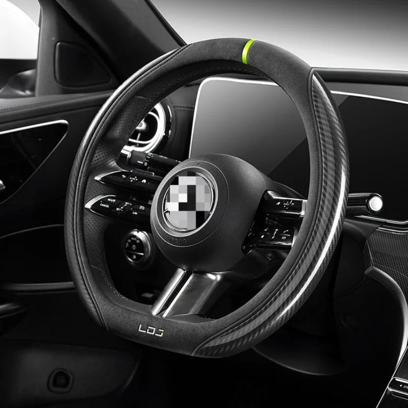Luxury Suede & Carbon Fiber Steering Wheel Cover – Universal O/D Type Non-Slip Car Steering Protector - Delicate Leather