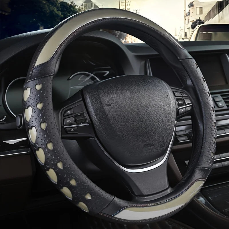 Sweet Heart Design Steering Wheel Cover – PU Leather, Anti-Slip Inner Ring, Universal Fit for Most Vehicles - Delicate Leather