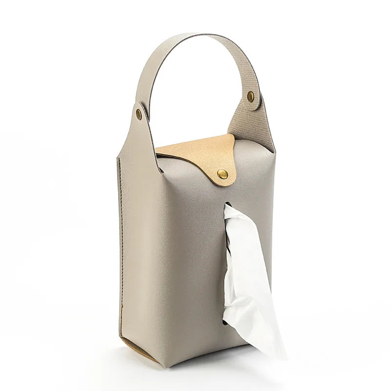 Leather Car Tissue Box Holder with Retaining Strap – Universal Armrest, Seat Back & Sun Visor Napkin Organizer - Delicate Leather