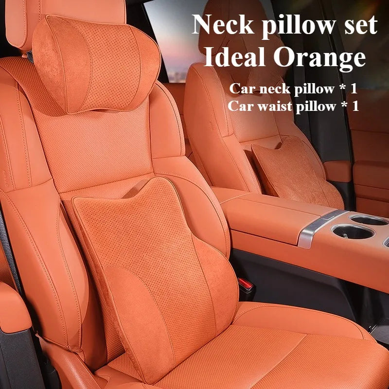 Memory Foam Car Headrest & Waist Pillow - Suede Leather Lumbar Support Seat Accessories - Neck Pillows & Back Cushion - Delicate Leather