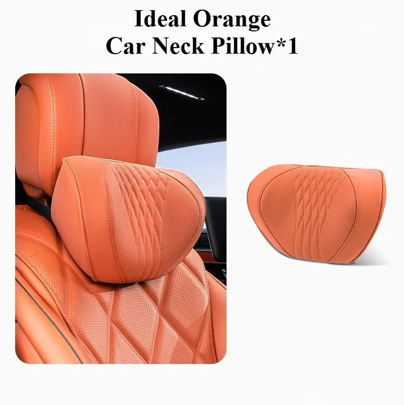 Soft Memory Foam Car Neck & Lumbar Pillow Set – Leather Headrest for Comfortable Driving - Delicate Leather
