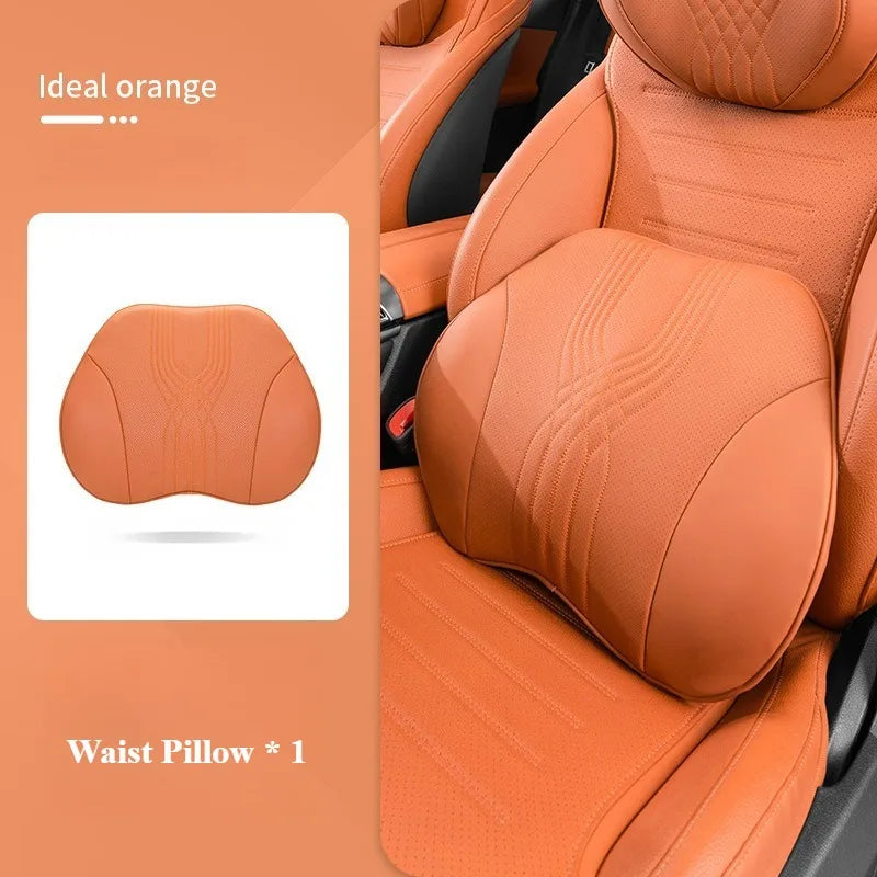 Nappa Leather Car Neck & Seat Pillow – Memory Foam Car Headrest and Lumbar Cushion, Universal All-Season Auto Accessories - Delicate Leather