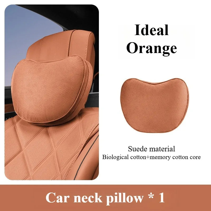 Suede Car Neck and Lumbar Support Set – Universal Ergonomic Headrest & Waist Pillow for Auto Seats - Delicate Leather