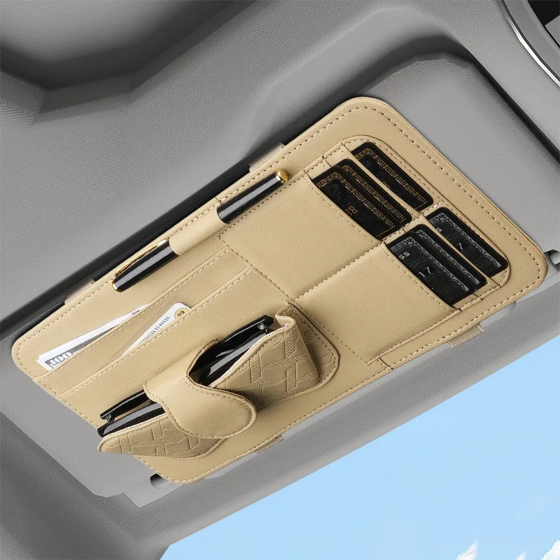Car Sun Visor Organizer – Premium PU Leather Storage Box with Glasses Clip, Card Slots & Pen Holders - Delicate Leather