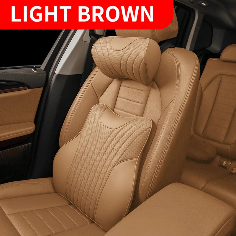 Universal Genuine Leather Neck Pillow & Lumbar Support – Anti-Slip Car Headrest Cushion for All-Season Comfort - Delicate Leather