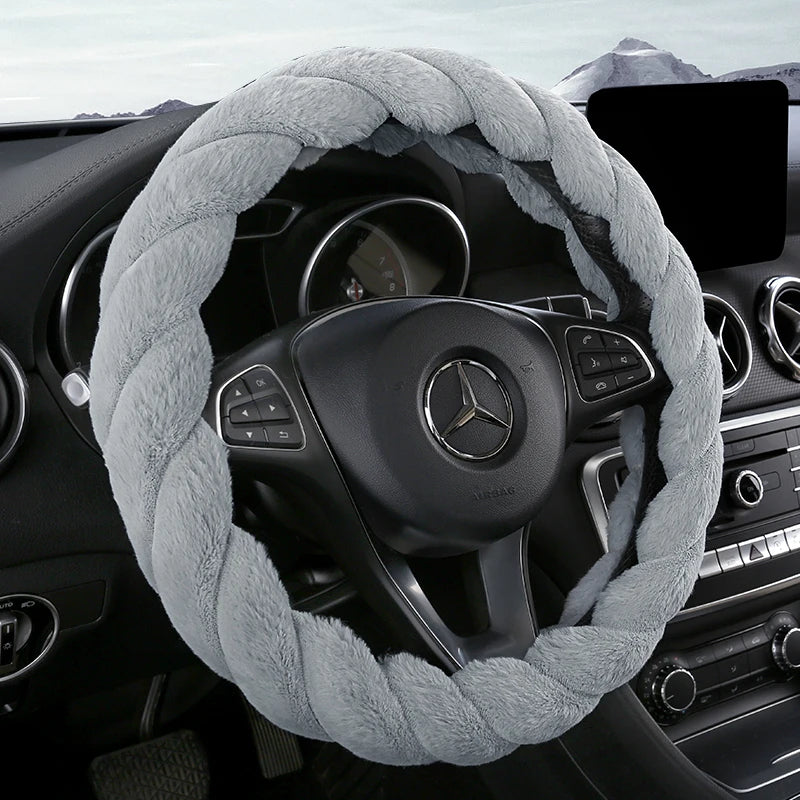 Plush Winter Steering Wheel Cover Universal – Cute Decorative Non-Slip Handle Cover for Car Interior - Delicate Leather